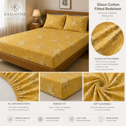 Image of Fitted Bedsheet Yellow Golden Floral Print Glace Cotton 210 TC | King Size for Double Bed Fits 6 x 6.5 ft Mattress (72 x 78 Inch) | All Around Elastic | 2 Pillow Covers | 10 Inch Deep Pocket