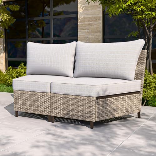 COOS BAY Aurora Terrace Outdoor Wicker Sectional Curved Sofa Set, Modular Patio Seating with Cushions, 1 Piece 2 Seat Balcony Furniture Set, Beige/Beige