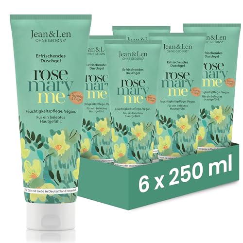 Jean & Len Feuchtigkeit Dusche Rosemary & Ginger im Set Duschgel für normale bis trockene Haut reinigt und pflegt die Haut beim Waschen würzig-frischer Rosmarin und Ingwer Duft 6 x 250 ml