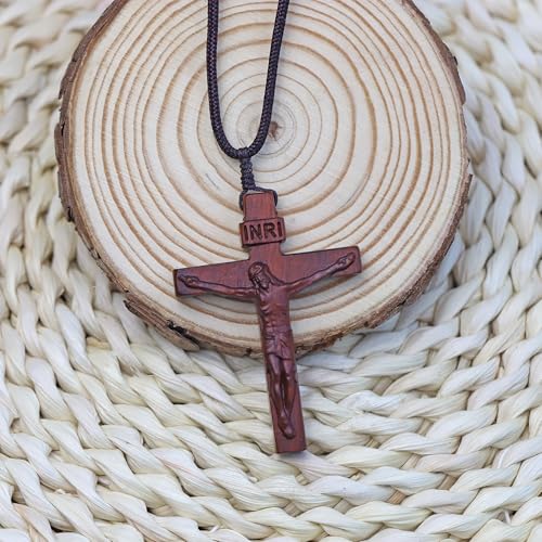 Natural Wooden Crucifix Cross Necklace for Men - Handmade Adjustable Rope Chain with Large Religious Pendant, Catholic Christian Spiritual Jewelry Gifts3