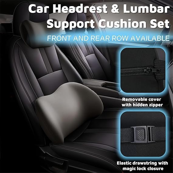 Image of Memory Foam Cars Neck and Lumbar Support Pillow, Removable Cover, Head Rest Support for Cars, Office Chair, Black, 1 Pack (Neckrest & Backrest (Black))