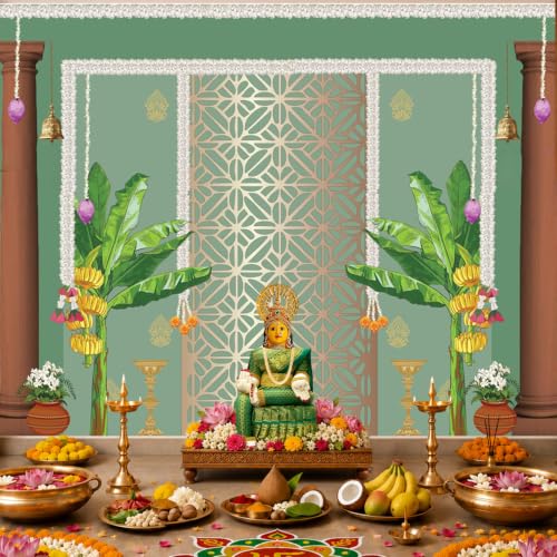 Image of Party Propz Traditional Backdrop Decoration Cloth -1Pc 8ft*5ft Ganpati Decoration Setup for Home,Varalakshmi Pooja Decorations Items, Krishna Janmashtami Decorations, Haldi Decor, Annaprasana Decor