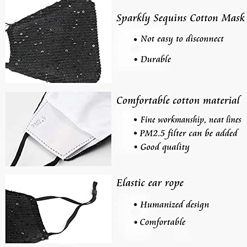 Image of Sparkly Sequins Mouth Masc Fashion Designer Glitter Cotton Face Cover With Adjustable Ear Loops Reusable Masquerade Party Nightclub Rave Festival Sequins Face Covering (Black)