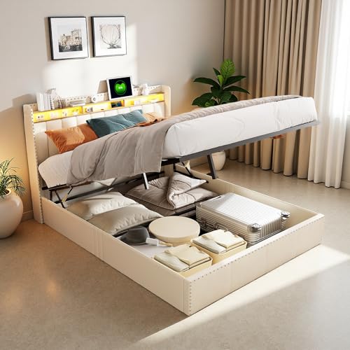 SUNFECILI Cama tapizada de 140 x 200 cm con iluminación LED RGB, cama doble juvenil con espacio de almacenamiento y somier, cabecero con función de carga USB-C, cama de almacenamiento hidráulica