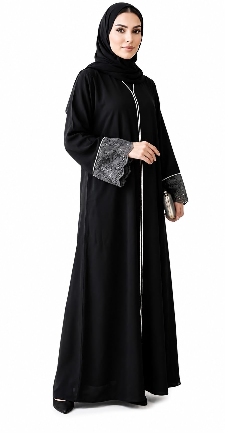 Women's Pure Cotton Solid Embroidered Free Size Full Length Abaya Dress Modest Islamic Wear Black4-picture-26