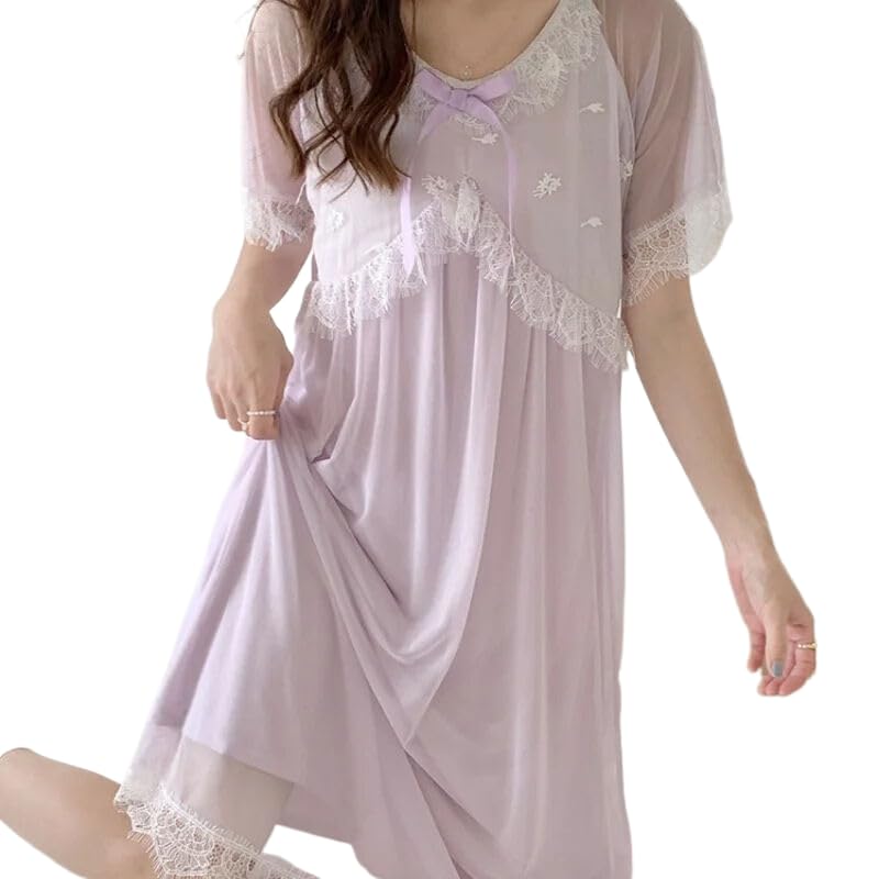OFFSUM Camisón De Pijama De Mujer - Verano Malla Encaje Bordado Princesa Ropa De Dormir Dulce Cuello Redondo Color Sólido Moda Estilo Francés Camisón Casual