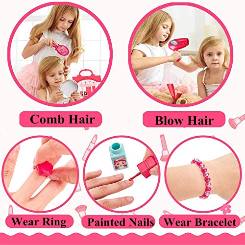 31 PCS Kids Princes Makeup Set Pretend Cosmetics Children Role Play Jewellry Kit Dress Up Kit with Carry Case Dressing Table Hair Dryer Nail Polish ToyBirthday Gif for Toddlers Girls