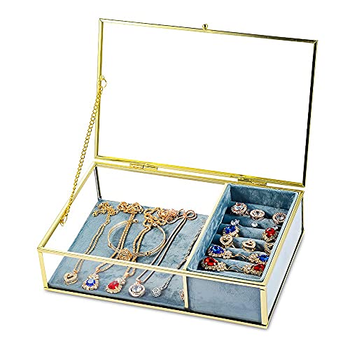 STAROGEGC Gold Clear Glass Jewelry Box, Vintage Velvet Jewelry Organizer Box, Modern Jewelry Storage Box for Earring Ring Bracelet and More, Decorative Gift for Vanity, Accent, Wedding Bridal Party(Glass Box with Blue Velvet Tray)