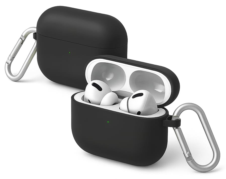 Image of Hybrid Liquid Silicone Case Cover for Apple Airpods Pro 3 (2025), Hard PC, Matte Finish Coating with Heavy Duty Carabiner (Black, Liquid Silicone)