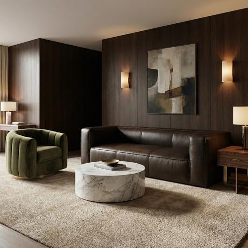 Image of 2026 New Luxury Curved Leather Sofa and Swivel Chair Set, 92.5 inch, Velvet | 2026 New Luxury Curved Leather Sofa and Swivel Chair Set, Tan Leather Sofa with Green Velvet Swivel Barrel Chair