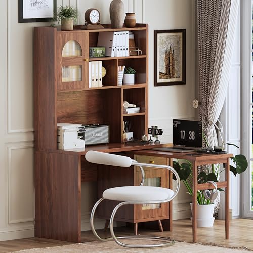 Clyrava L Shaped Executive Desk with Hutch and 90° Rotating Desktop, Farmhouse Hideaway Home Office Desk with Bookshelf, Wood Corner Computer Desk with File Cabinet for Work, Study, Writing (Walnut)