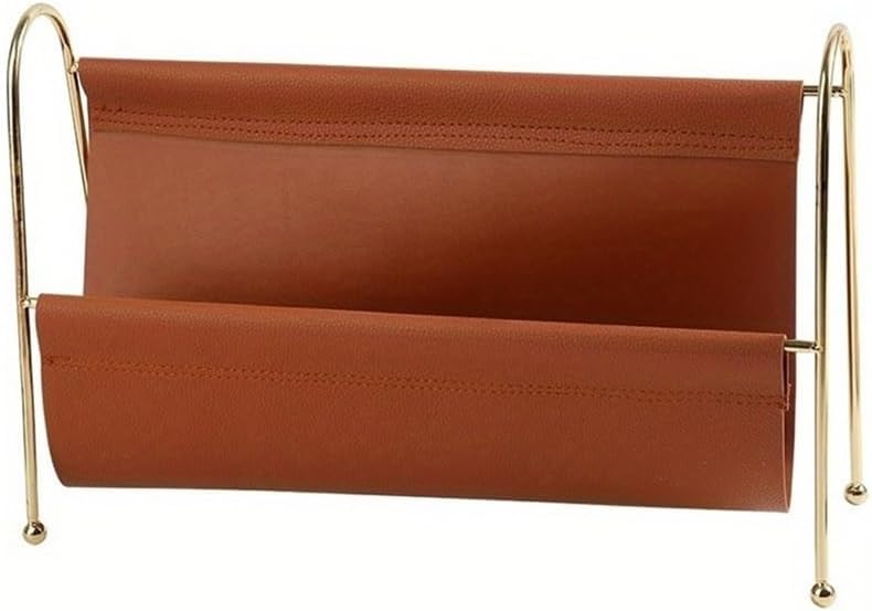 フォルダーオーガナイザー メタルマガジンラック - ゴールドフレームのフェイクレザーデスクオーガナイザー、コンパクト収納