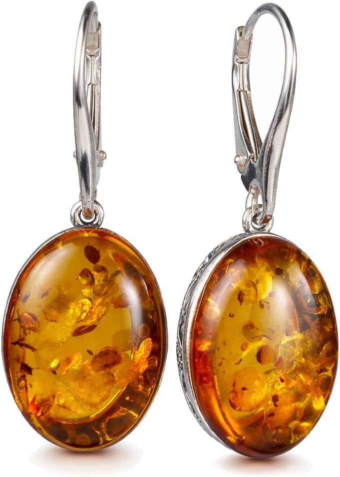 Amber Earrings - French Leverback Honey Oval Baltic Amber Dangling Earrings "Lois" - Sterling Silver Jewelry Collection