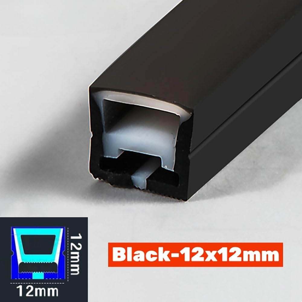 Schwarzer Silikonschlauch für LED-Neonlicht – flexibler versenkter Diffusork, wasserdicht für Leiterplatten 8/10/15 mm, 1/2/3/4/5 m Länge, passend für Deckenbandstreifen (ohne LED) (12 x 12 mm, 3