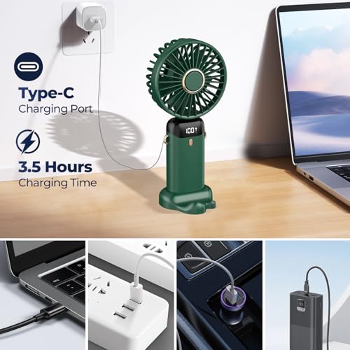 Image of Rechargeable Portable Handheld Fan,3000mAh Battery Operated Mini Fan,5 Speeds and LED Display,Long Lasting Desk Fan for Office,Bedroom,Outdoor Activities and Travel (Green)