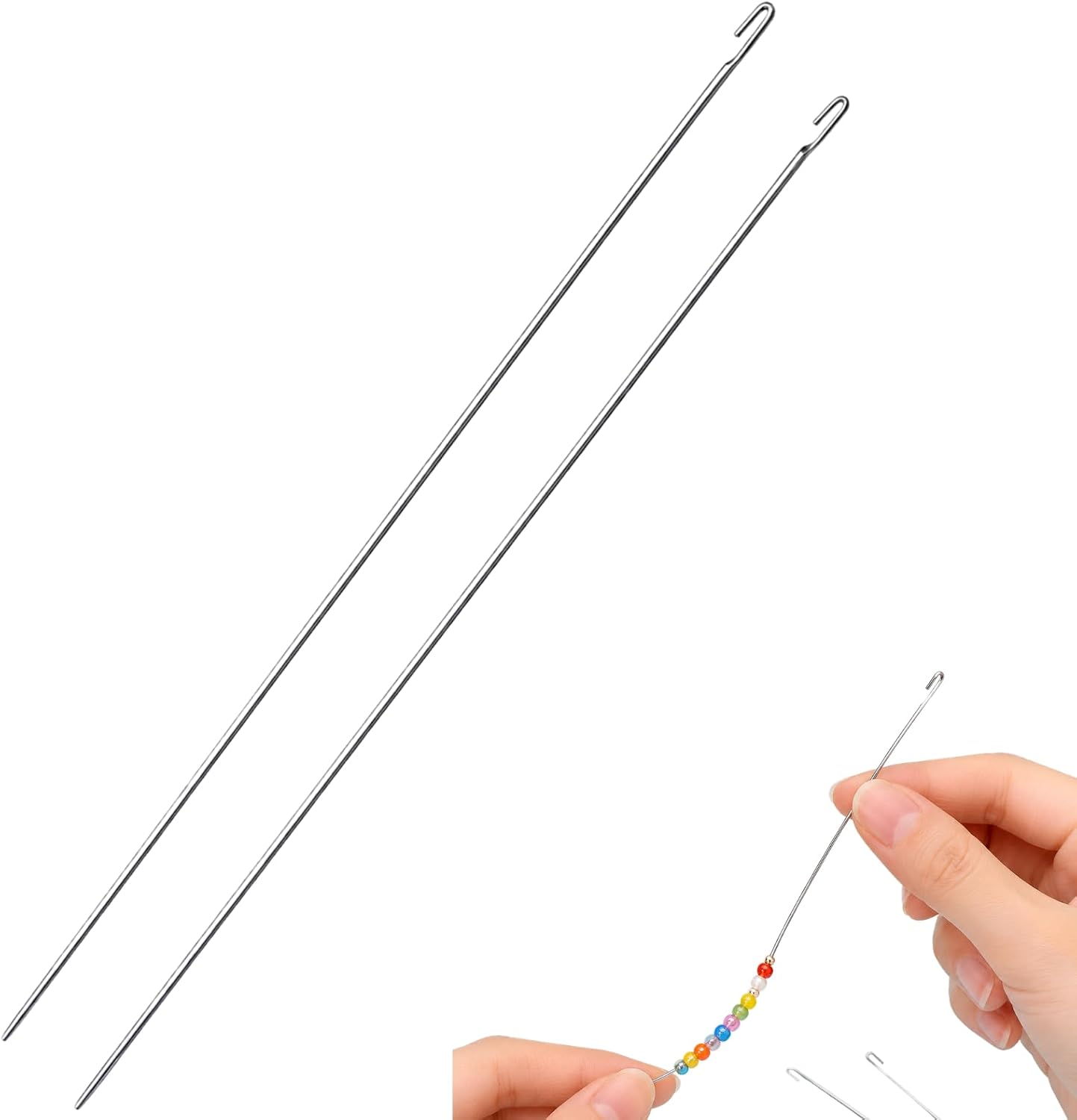 2Pcs Metal Beading Needles Set, Needle Threader and Crochet Hooks for Jewelry Making, Steel Wood Bead Threading Tools