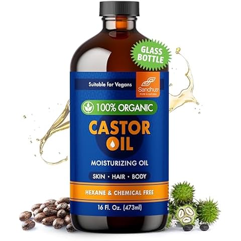 100% Organic Castor Oil 16 fl. Oz | Premium Glass Bottle Pack | Pure & Unrefined | Natural Moisturizing Oil for All Hair & Skin Types, Face, Eyelashes Growth, Eyebrows and Body Care | Now Hexane Free Cover