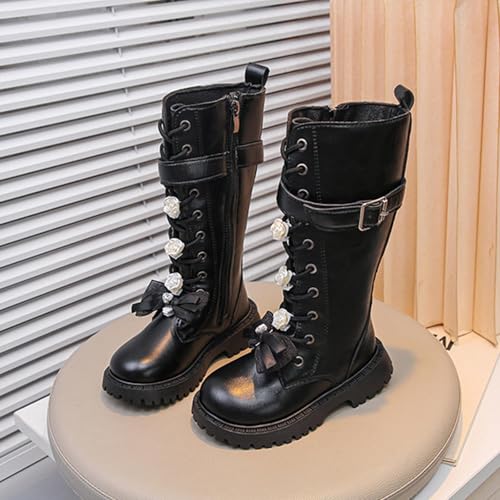 Girls Combat Boots Bow Lace Up Mid Calf Riding Boots PU Leather Side Zipper Buckle Lug Sole Goth Boot 4-11 Years2