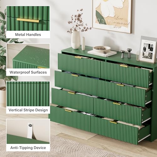 Image of Furniway Green Dresser for Bedroom, Modern Dresser with 8 Drawers and Smooth Slides, Wide Chest of Drawers with Golden Handles for Bedroom, Closet, 15.7 inch D x 55 inch W x 37.4 inch H