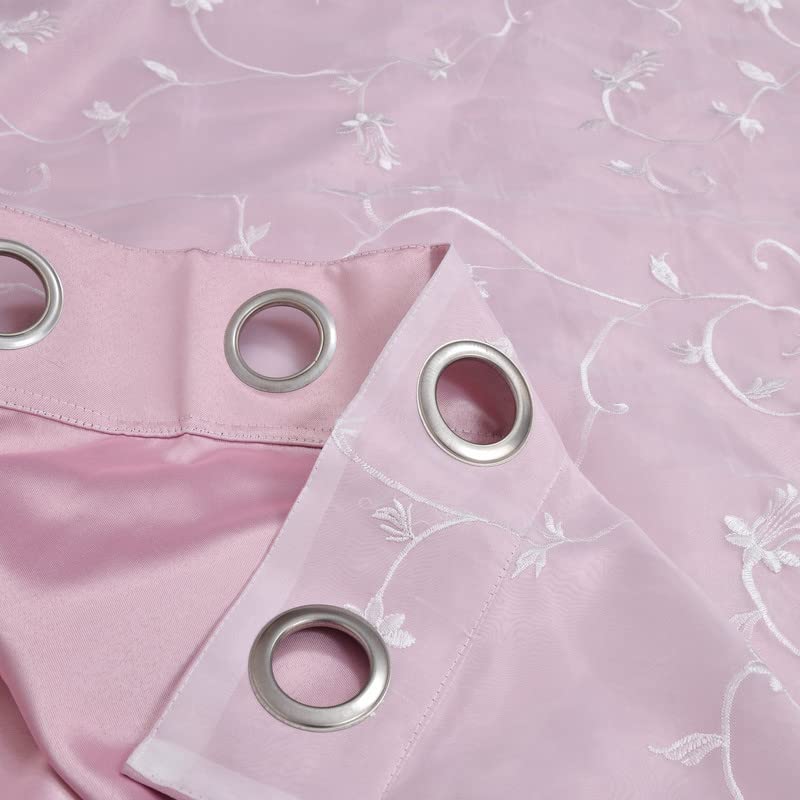 Image of 2 in 1 Embroidery Transparent Polyester Door Curtain with 80% Blackout Set of 2 Pieces(6 Feet, White Embroidery+Pink Blackout)