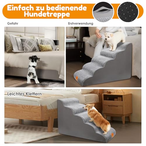 Zvonema Hundetreppe, Hundetreppe für Kleine Hunde, rutschfest Hunde Treppe 5 Stufen, Haustiertreppe mit hochdichtem Schaumstoff, waschbarer Hunderampe, Katzentreppe reduziert Stress auf Tiergelenke