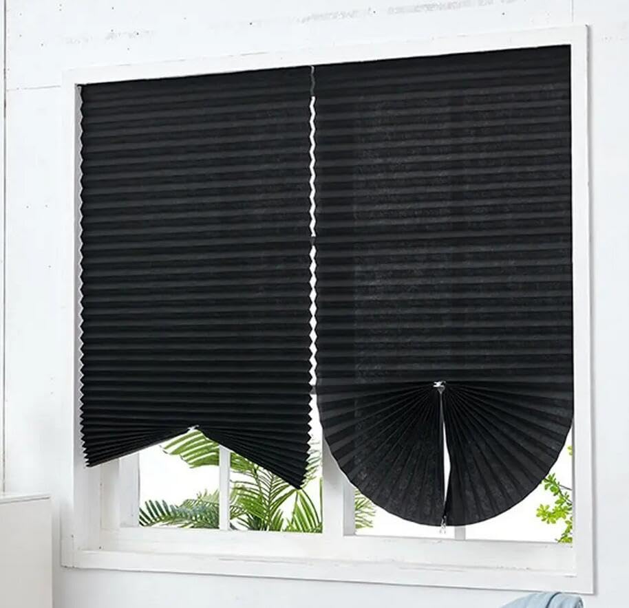 Blackout Window Blinds Shade Cordless Blackout No Drill Cut to Size Clip On Stick On Self Adhesive Temporary Blinds Pleated Paper Blinds for Windows Doors Shades (Black, 90 X 150cm/35.43 X 59.06)