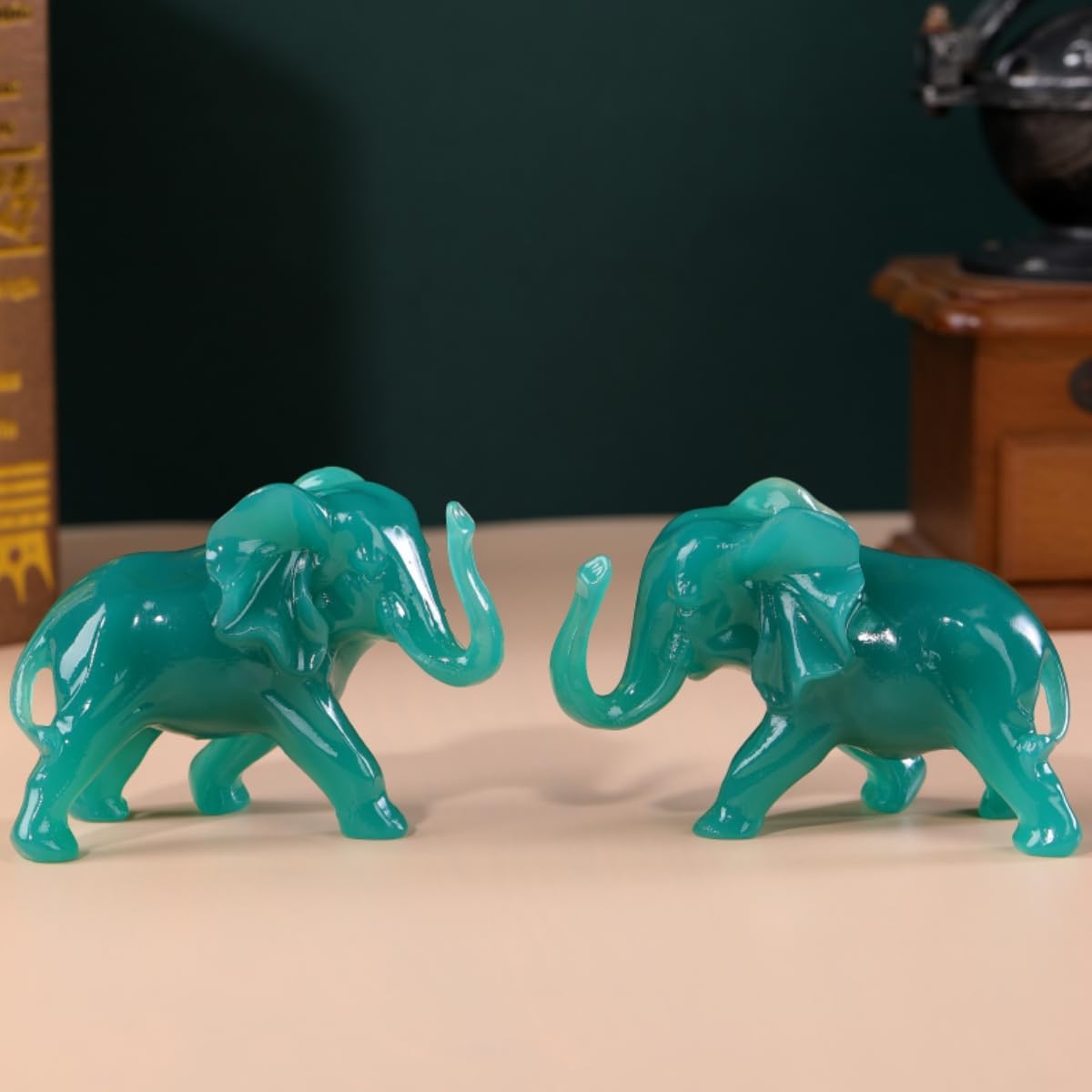 Elephant Statues Home Decor Gift - 1 Pair Wealth Lucky Elephant Figurine with Trunk Up Collectible Sculpture for Shelves, Livingroom and Bedroom - Image 7