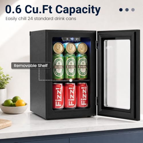Image of COSTWAY 24 Cans Beverage Refrigerator, 18L /0.6 Cu.Ft Countertop Mini Fridge | Quiet Drink Cooler with Touch Panel, 40-61℉ Thermostat, Tri-Layer Insulated Door and Blue LED Lights for Home Office & Bar