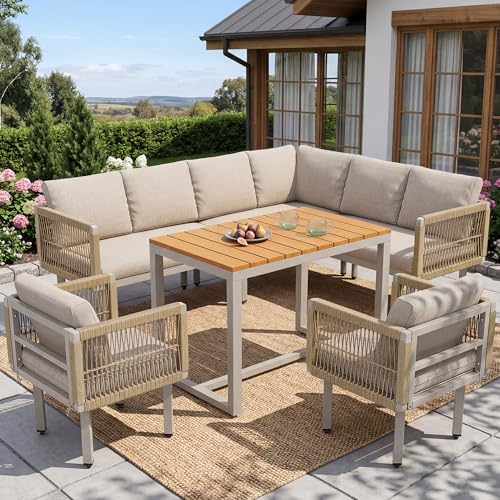 Yrxin Juego de 6 muebles de jardín, sofá de esquina con 2 sillas y mesa, estructura de acero resistente a la intemperie, diseño de trenzado, cojines, salón al aire libre para balcón y terraza (Beige B