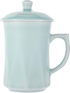 GREEN VALLEY Celadon Teacup, Coffee Mug, Milk Cup, Luxury Diamond Shaped Celadon Cup with Lid, Longquan Celadon, World Intangible Cultural Heritage, 13oz, Light Greenish Blue