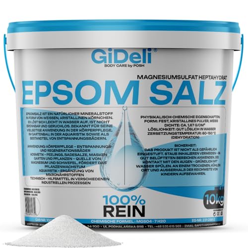 GiDeli Epsom Sal de 10 kg de sulfato de magnesio, calidad farmacéutica, sales de baño en cubo, 100% sal natural, baño de pies, cuidado de la piel, baño relajante (10000 g)