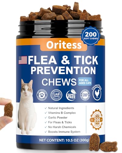 Flea and Tick Prevention for Cats Chewable, 200 Natural Soft Chews,Flea Supplement for Kitten Cat, Skin & Coat Support for Cats All Breeds & Ages - Chicken Flavor