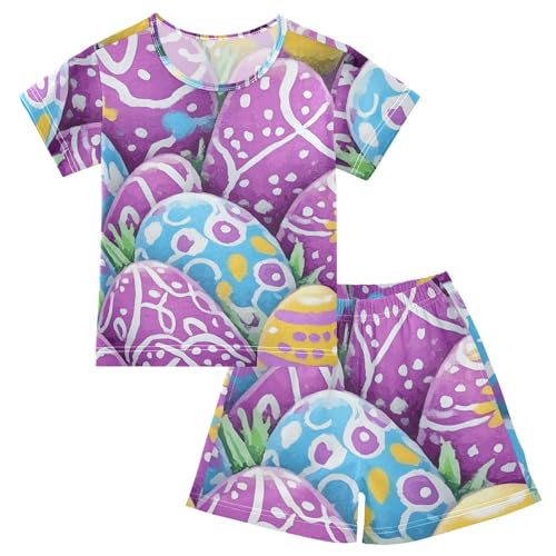 Summer Pajama Set Easter Eggs Pattern, Short Sleeve Sleepwear Nightwear