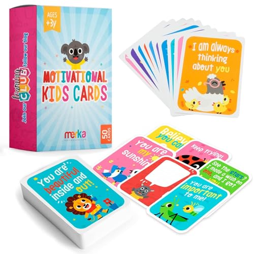 Merka Set of 50 Affirmation Cards for Kids, Note Card with Daily Motivational Quotes to Create Positivity - Lunch Notes for Kids