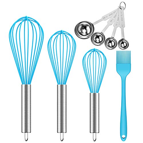 Ouddy Upgraded 5 Pack Silicone Whisk 8  10  12 Wisk Kitchen Tool Set Whisks for Cooking Blending Whisking Beating Stirring with Stainless Steel Measuring Scoop Set Silicone Brush