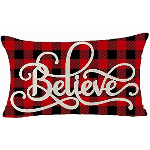 Summerr Red and Black Checker Plaid Believe Throw Pillow Cover Cushion Case Cotton Linen Home Office Decoration Rectangle 12 X 20 Inch Cover