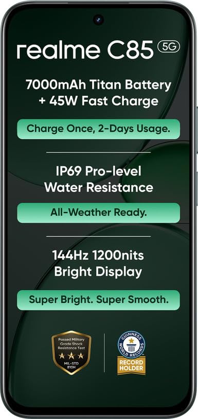 Image of realme C85 5G Smartphone (Peacock Green, 4GB RAM, 128GB Storage) | MediaTek Dimensity 6300 | 7,000mAh Battery | 50MP Rear Camera | 8MP Front Camera | 6.8-inch HD+ Display | Android 16