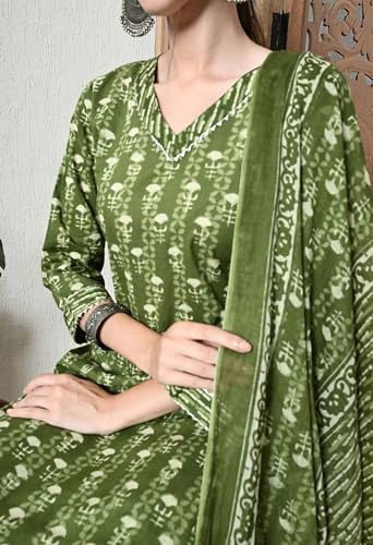 Image of Amazon Brand - Tavasya Women Cotton Anarkali Kurta Pant Dupatta Set | Printed Ethnic Suit Set | Flared Anarkali Kurta with Pant & Dupatta | Festive & Casual Wear