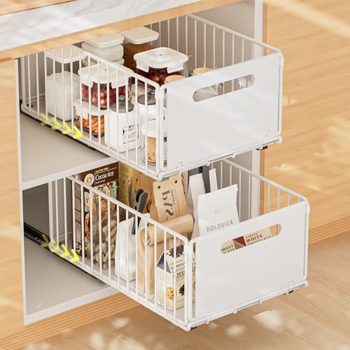 2 Pezzi Cassetto Estraibile Cucina Cassetto Telescopico Ripiano Telescopico Organizer Per Mobili da Cucina Scorrevole Estensibile Estraibile con Maniglia (37.5cm x 19 cm x 24.5 cm,Bianco)