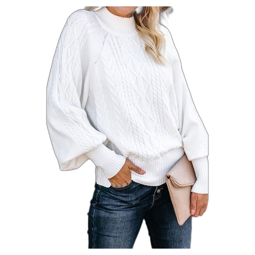 Womens Knit Sweaters Autumn Winter Long Sleeve Stylish Lantern Sleeves Chunky Loose Fit Ribbed Outwear Sweater