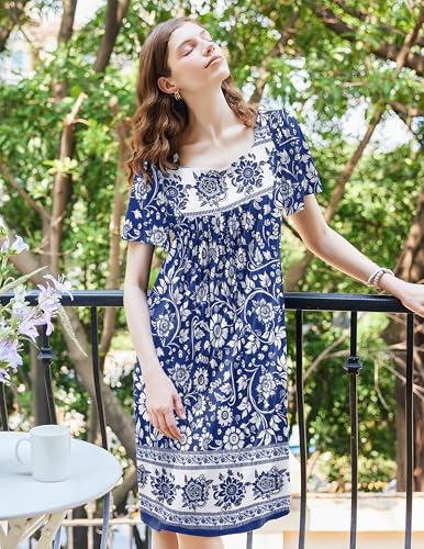Ekouaer Women's House Dress - Pleated Nightgown with Short Sleeves & Pockets3