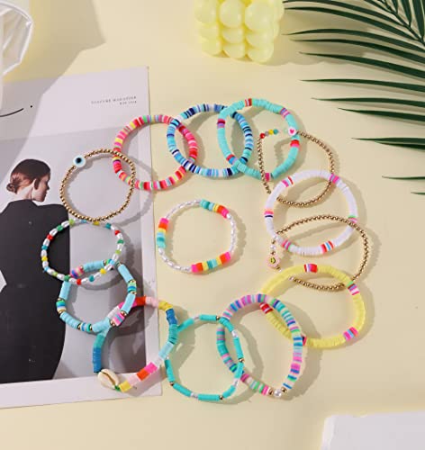 Wainis 56 Pcs Preppy Heishi Bracelets For Woment Colorful Heart Star Evil Eye Flower Beaded Polymer Clay Pearl Stackable Bracelet Charm Y2K Kidcore Summer Beach Surfer Bohemian Layering Bracelets #TOP4