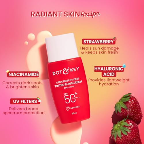 Image of Dot & Key Strawberry Dew Tinted Sunscreen In-Vivo Tested SPF 50+ PA++++ With New-Age UV Filters, Brightens & Protects Skin, Ultra-light, Blends Easily, With Niacinamide, Natural Finish, Non-Sticky 50ml