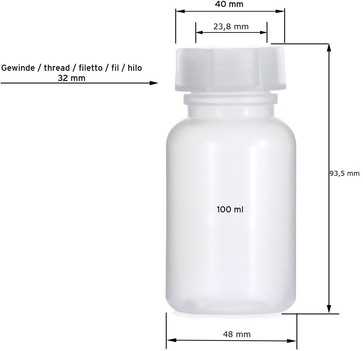 40 x Weithalsflasche 100 ml mit Schraubverschluss, Apothekerflasche, Laborflasche, Medizinflasche, Vorratsdose, Kunststoffdose, aus Kunststoff (PE-LD) - made in Germany (40)
