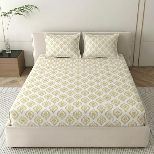 Image of Mafatlal 186 TC Grace Double Bed Bedsheet | Premium Pure Cotton | Queen Size: 90x100 Inch | Comfortable, Durable & Fast | Includes 2 Pillow Covers | Yellow Jasper
