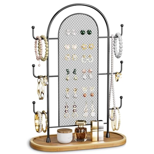 bussdis Jewelry Holder Organizer Earring Display - Earring Storage Tree Stands Towers With 6 Hooks 300 Studs Wood Tray Black Metal Rack
