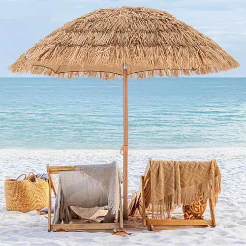 CLEEMAN 6.5Ft Tiki Umbrella Outdoor Patio, Hawaiian Hula PP Grass Umbrella with Tilt Design, 8 Ribs, Carry Bag & Foldable Base, Thatch Umbrella for Patio, Garden & Pool