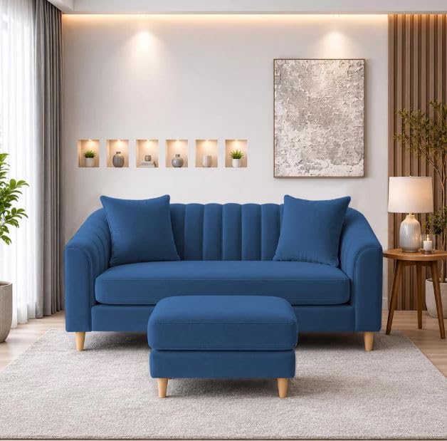 Royal Wood Furnishings/2 Seater with Ottoman Sofa Set for Living Room Premium Fabric Sofa (Blue)-image-31