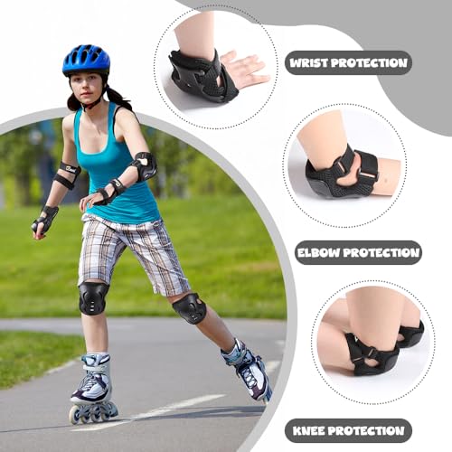 JBM Adult/Youth Knee Pad Elbow Pads and Wrist Guards Protective Gear Set for Sateboarding Cycling Roller Skating Inline Skating Scooter Riding Sports BMX Biking Sports (Black)