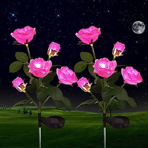 ZVO Lampes de Jardin Solaires Extérieur, 2 Pièces Lampes Fleurs de Rose Solaire, 10 LED Changement Multicolore Décoratif Étanche pour Jardin (Rose)